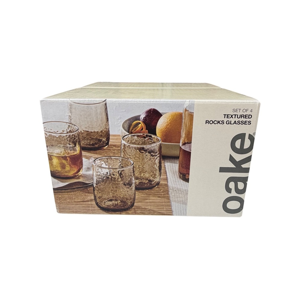 Oake Sunstone Collection Textured Rocks Glasses Set of 4 Amber Brown 13.4oz NEW